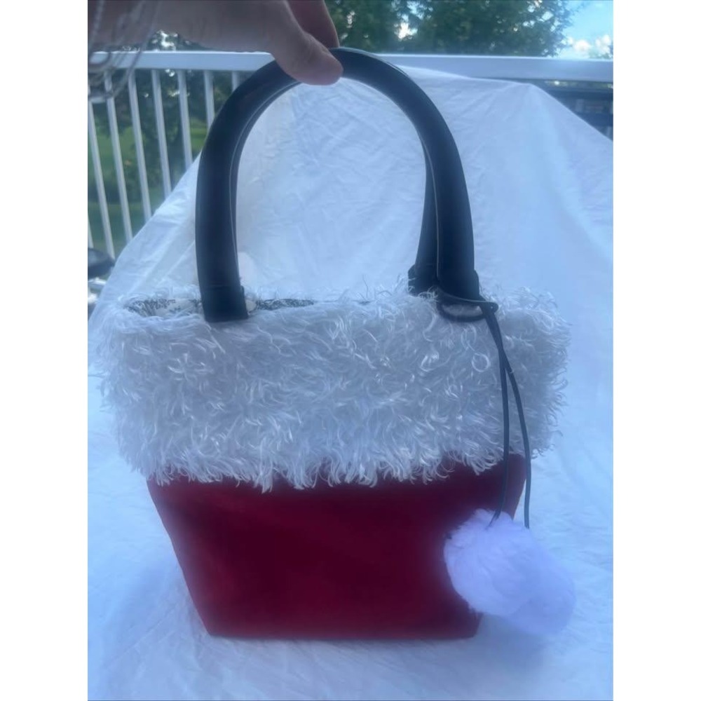Red Velvet White Faux Fur Christmas Holiday Tote Bag Toile Print Lining Pom Poms